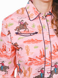 American Darling 100% Satin Cotton Western Shirt – Pink Cowboy Lasso Graphic Button Down Top