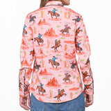 American Darling 100% Satin Cotton Western Shirt – Pink Cowboy Lasso Graphic Button Down Top
