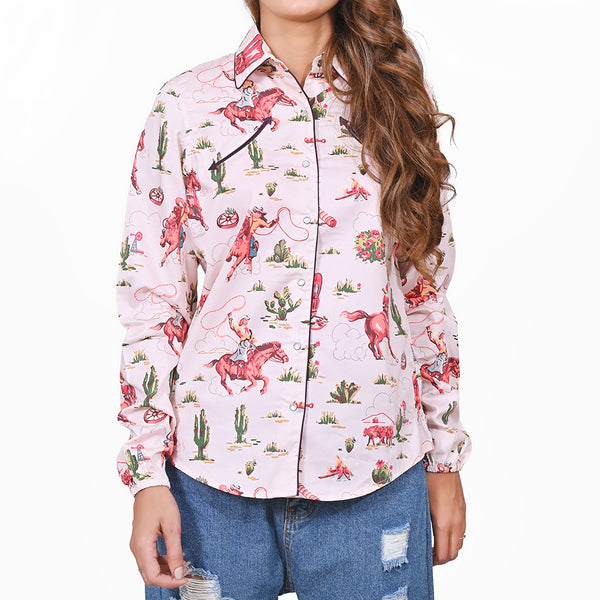 American Darling 100% Satin Cotton Western Shirt – Soft Pink Cowgirl Rodeo Print Button Down Top