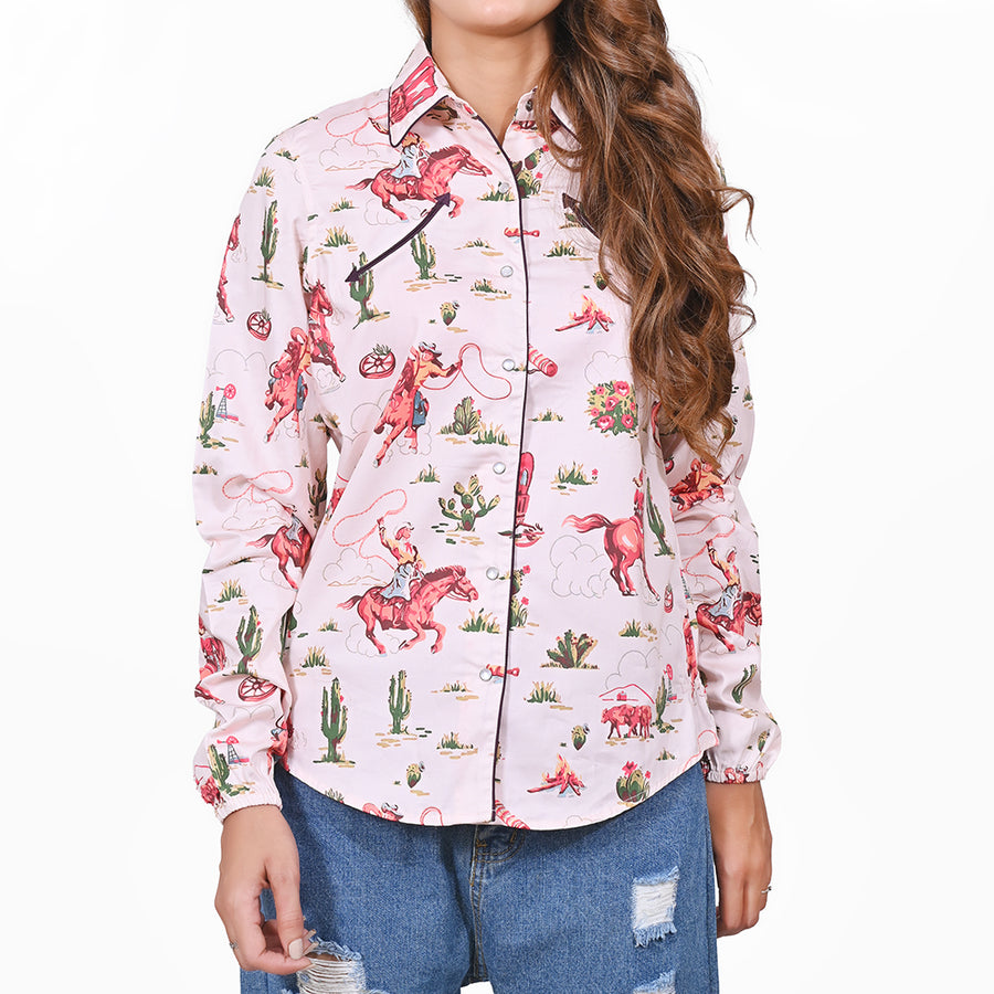 American Darling 100% Satin Cotton Western Shirt – Soft Pink Cowgirl Rodeo Print Button Down Top