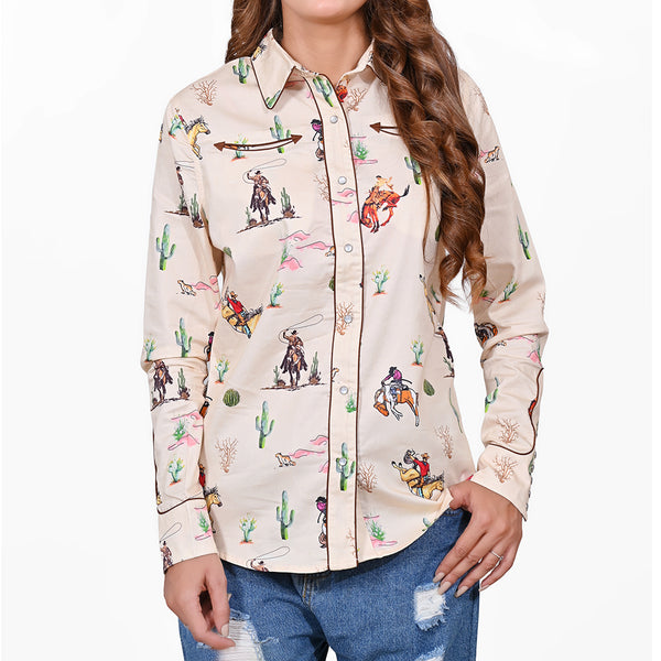 American Darling 100% Satin Cotton Western Shirt – Cream Rodeo Bronco Print Button Down Top