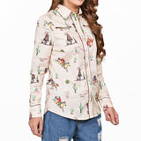 American Darling 100% Satin Cotton Western Shirt – Cream Rodeo Bronco Print Button Down Top