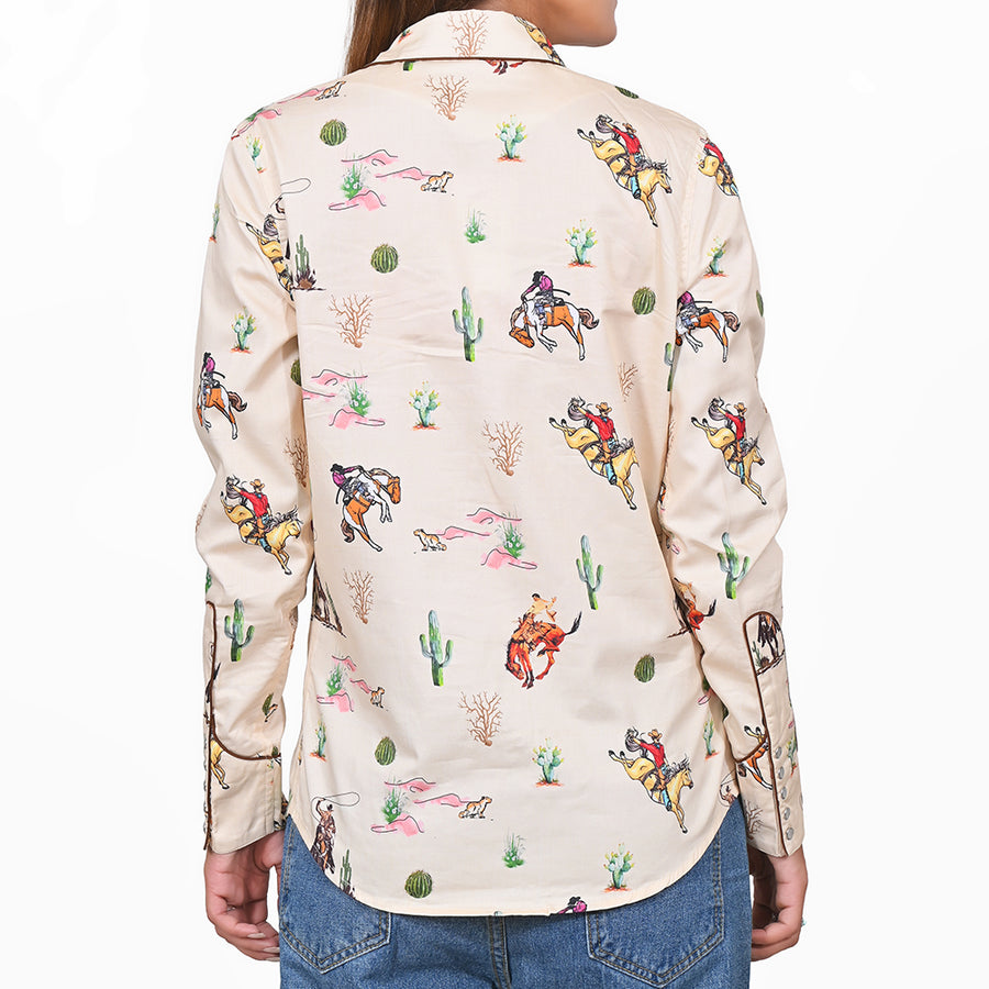 American Darling 100% Satin Cotton Western Shirt – Cream Rodeo Bronco Print Button Down Top