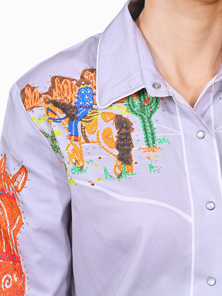 American Darling 100% Satin Cotton Western Shirt – Crystal Rhinestone Cowboy Rodeo Printed Top