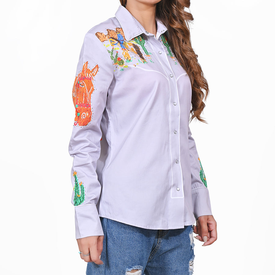 American Darling 100% Satin Cotton Western Shirt – Crystal Rhinestone Cowboy Rodeo Printed Top