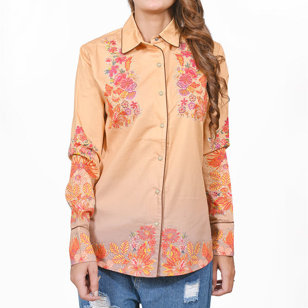 American Darling 100% Satin Cotton Western Shirt – Peach Floral Crystal Rhinestone Snap Top