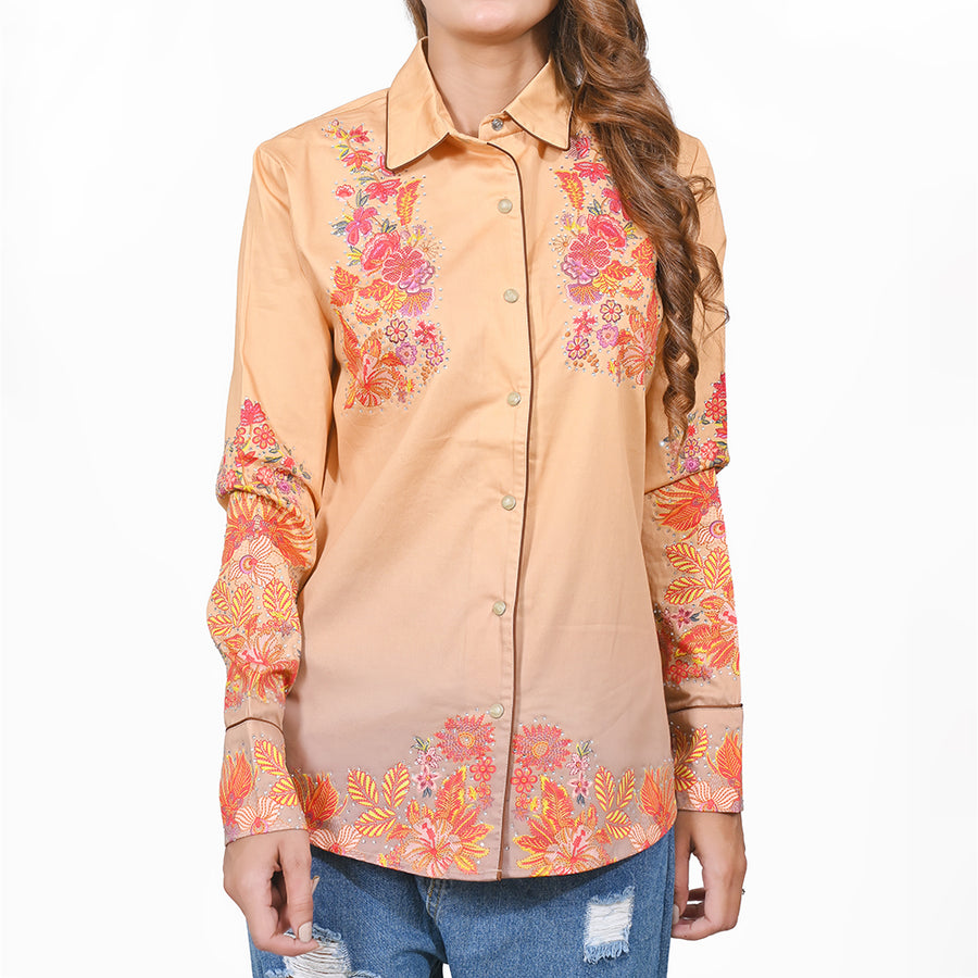 American Darling 100% Satin Cotton Western Shirt – Peach Floral Crystal Rhinestone Snap Top