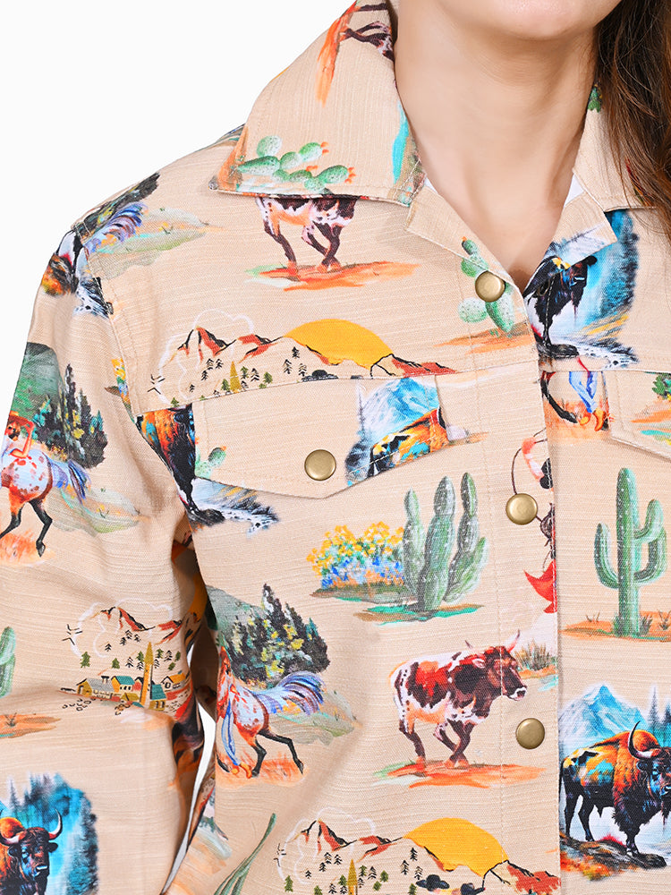 American Darling Cotton Lycra Western Stretch Jacket – Desert Wildlife Bison & Longhorn Print