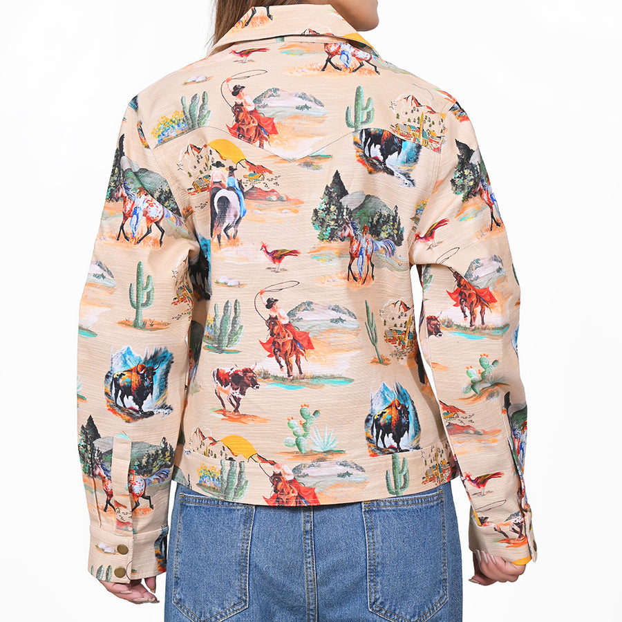 American Darling Cotton Lycra Western Stretch Jacket – Desert Wildlife Bison & Longhorn Print