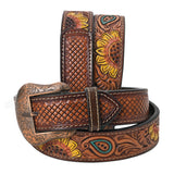 BAR H EQUINE Sunflower Floral Hand Painted Western Leather Men And Women Belt Brown - Uhorse