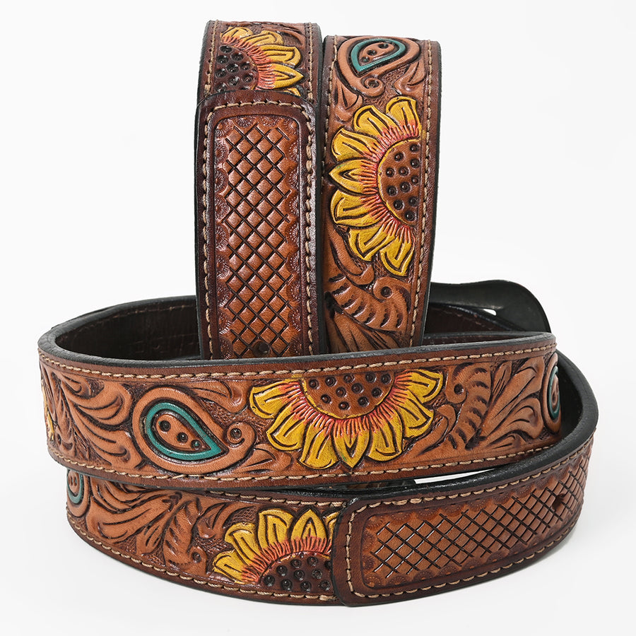 BAR H EQUINE Brown Sunflower Floral Hand Painted Genuine Leather Men & Women Belt Unisex Western