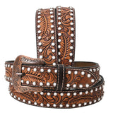 BAR H EQUINE Floral Leaf White Crystal Hand Carved Western Leather Men And Women Belt Brown - Uhorse