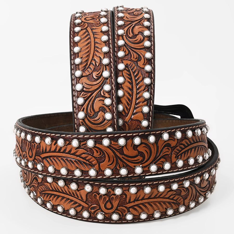 Bar H Equine Floral Leaf White Crystal Hand Carved Genuine Leather Brown Unisex Western Belt | for Men Women wit