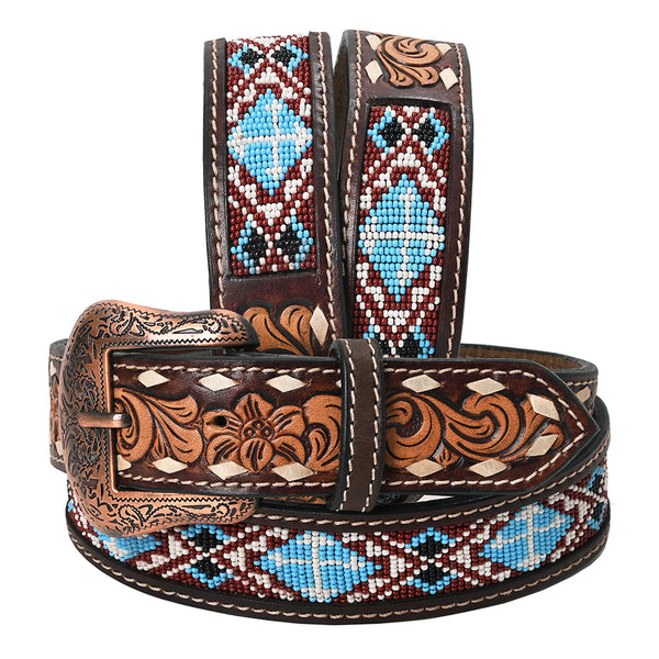 BAR H EQUINE Genuine Beaded Floral Hand Tooled Western Leather Men And Women Belt - Uhorse