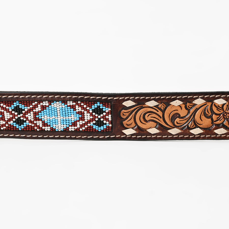 Bar H Equine Hand Tooled Genuine Leather Crafted Unisex Brown Western Belt Beaded Carving | Bead Belts for Women Men