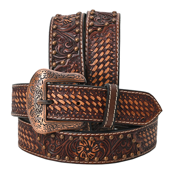 BAR H EQUINE Floral Basket Hand Tooled Western Leather Men And Women Belt Brown - Uhorse