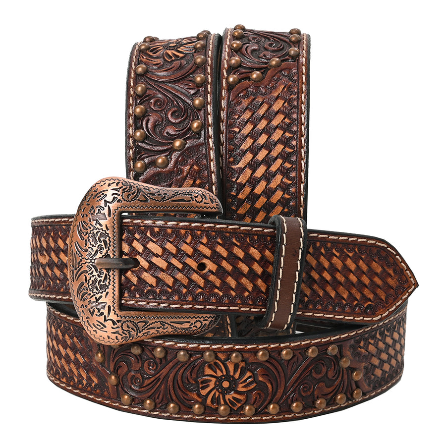 BAR H EQUINE Floral Basket Hand Tooled Western Leather Men And Women Belt Brown - Uhorse