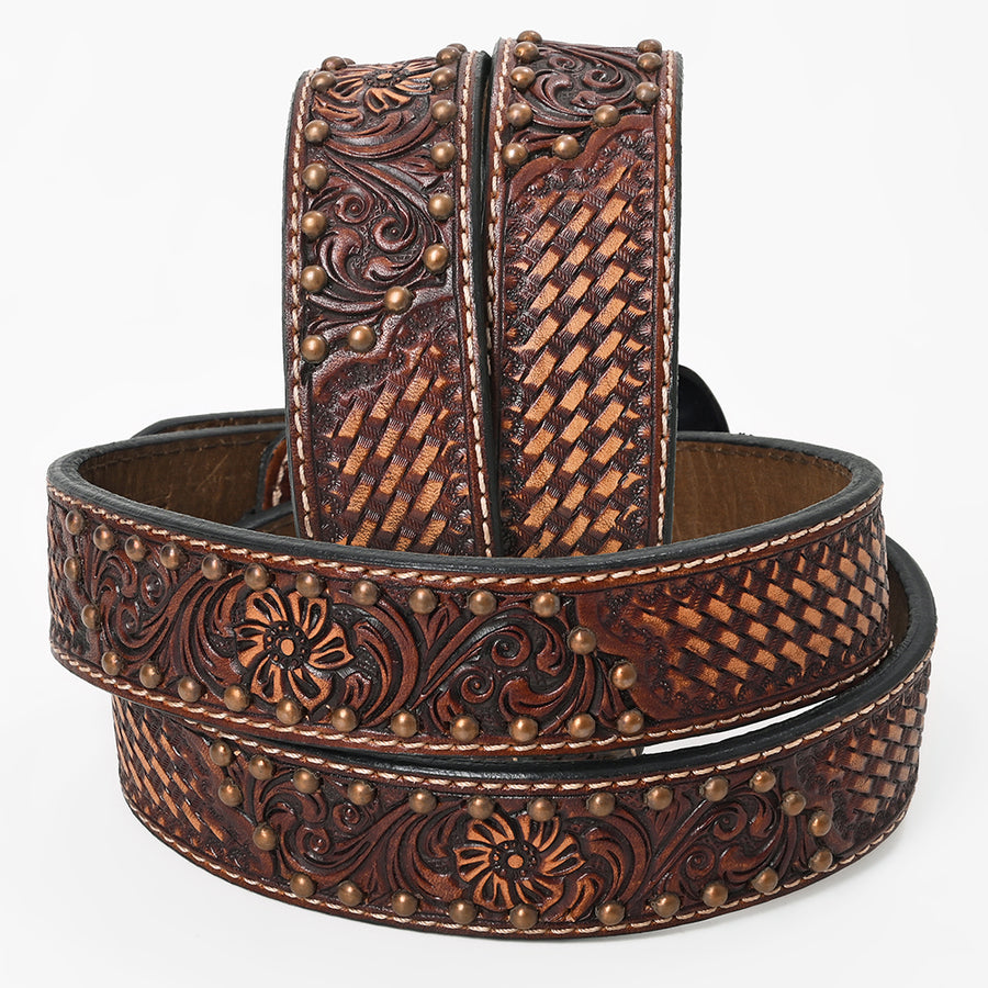 BAR H EQUINE Brown Floral Basket Hand Tooled Genuine Leather Men & Women Belt Unisex Western with Removable Buckle