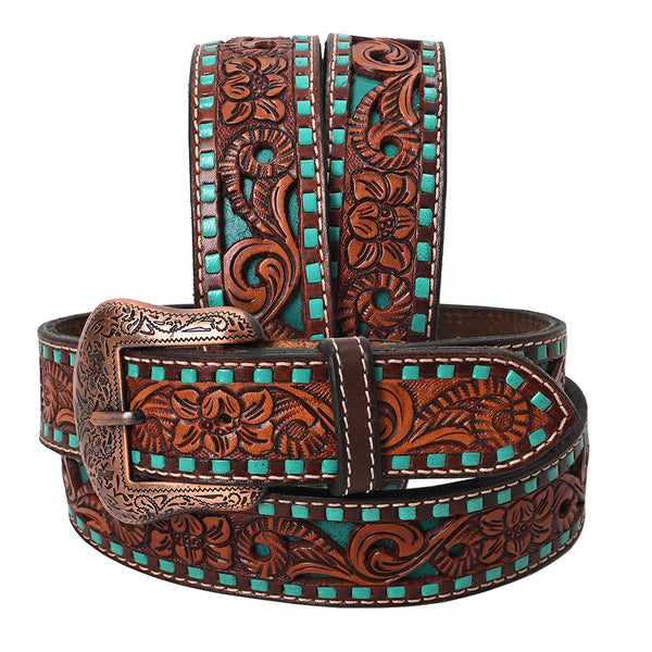 BAR H EQUINE Turquoise Buckstitch Floral Hand Carved Western Leather Men And Women Belt - Uhorse