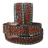 BAR H EQUINE Brown Floral Cactus Bull Hand Carved Genuine Leather Men & Women Belt Unisex Western with Removable Buckle - X Large