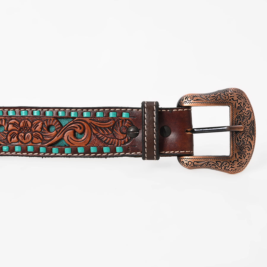 BAR H EQUINE Brown Floral Cactus Bull Hand Carved Genuine Leather Men & Women Belt Unisex Western with Removable Buckle