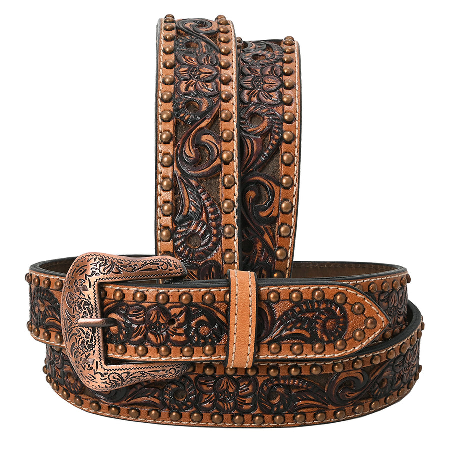 BAR H EQUINE Floral Genuine Hand Tooled Western Fashion Leather Belt Brown - Uhorse