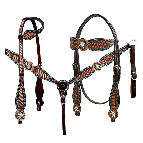 Bar H Equine Western Leather Horse Tack Set Basket Weave Carved Brown - Uhorse