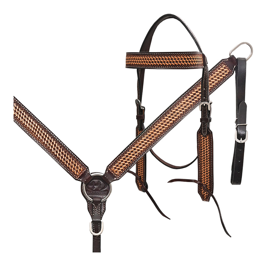 BAR H EQUINE Western Handtooled Leather Horse Headstall and Breast Collar Set - Uhorse