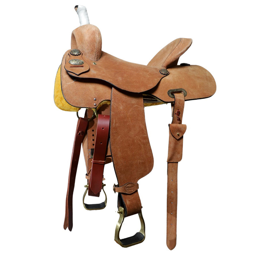 Tan leather western saddle with yellow seat and brass stirrups - Uhorse