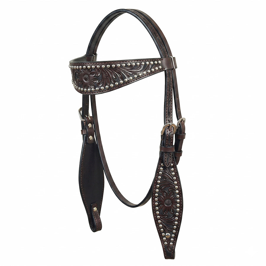 HILASON Western Genuine Leather Horse Headstall Tack Dark Brown Floral - Uhorse