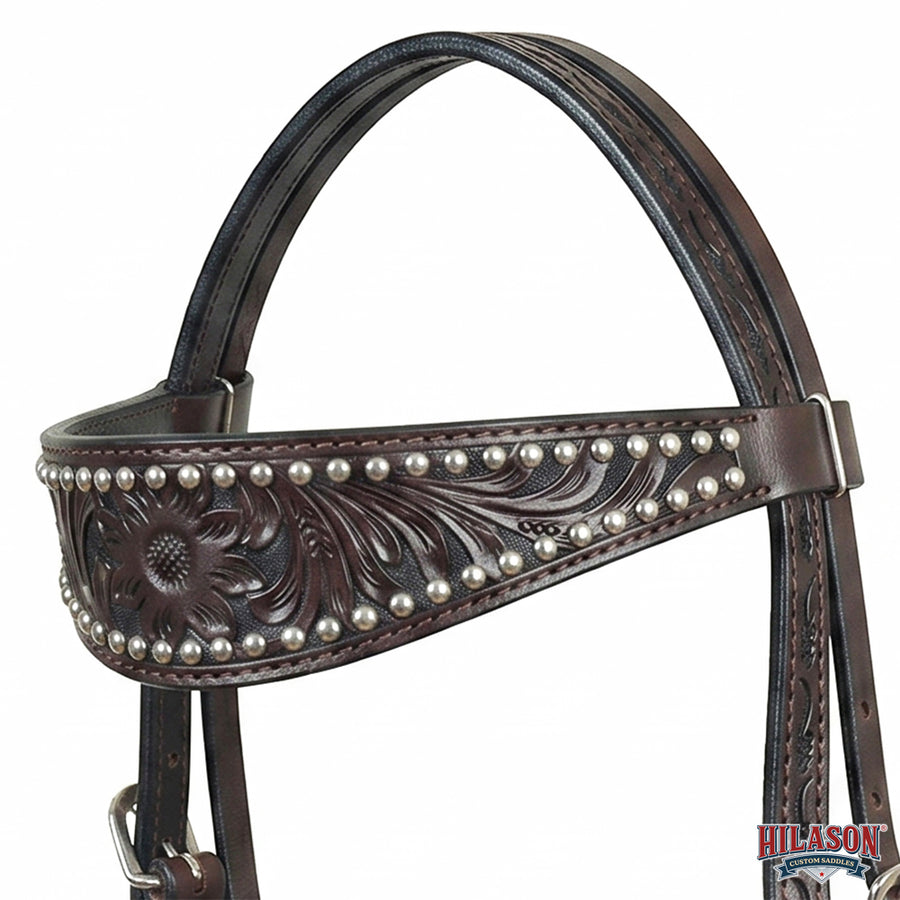 HILASON Western Genuine Leather Horse Headstall Tack Dark Brown Floral