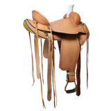 Tan leather western saddle with brass stirrups - Uhorse