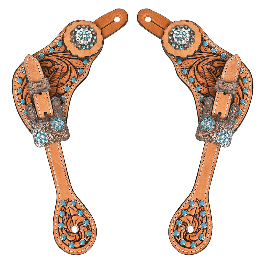 Hilason Western Spur Straps Leather Brown Floral With Beaded Inlay - Uhorse