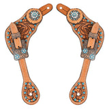 Hilason Western Spur Straps Leather Brown Floral With Beaded Inlay - Uhorse
