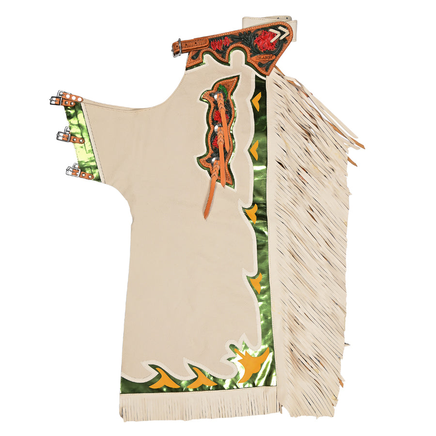 Hilason Bronc Bull Riding Genuine Leather Rodeo Western Chaps White Green - Uhorse