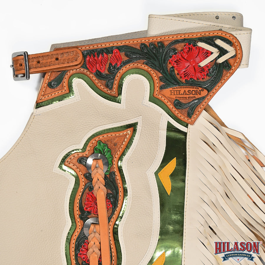 HILASON Bronc Bull Riding Genuine Leather Rodeo Western Chaps White Green Base | for Men and Women Unisex
