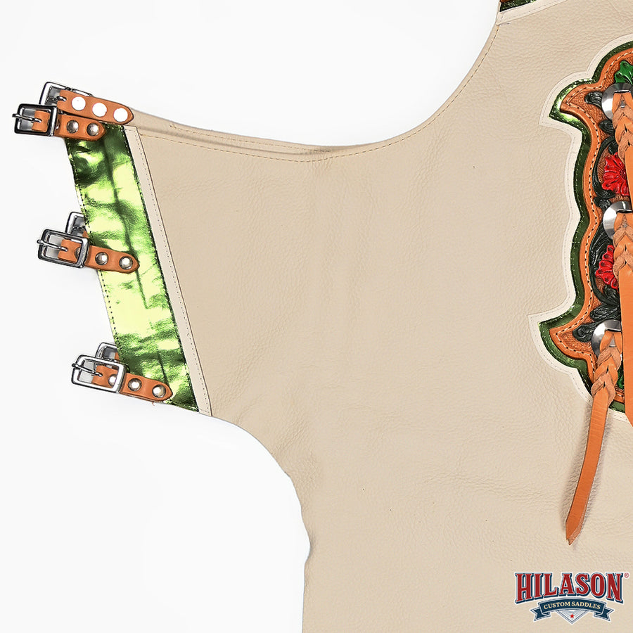 HILASON Bronc Bull Riding Genuine Leather Rodeo Western Chaps White Green Base | for Men and Women Unisex