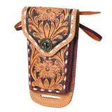 Hilason Horse Saddle Gorgeous Floral Tooled American Leather Cell Phone Case Pouch Tan-Dark Brown - Uhorse