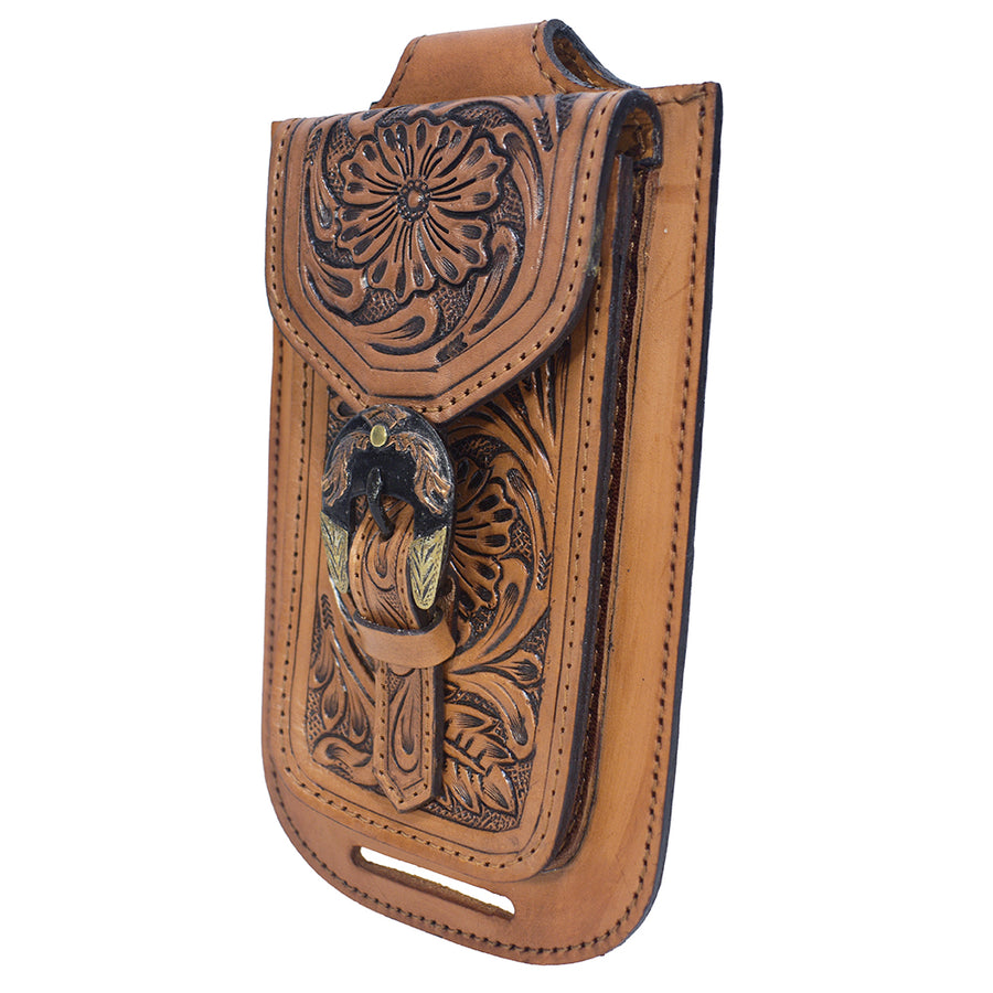 Hilason Western Horse Genuine Leather Cell Phone Case Brown With Gorgeous Floral Hand Carved - Uhorse