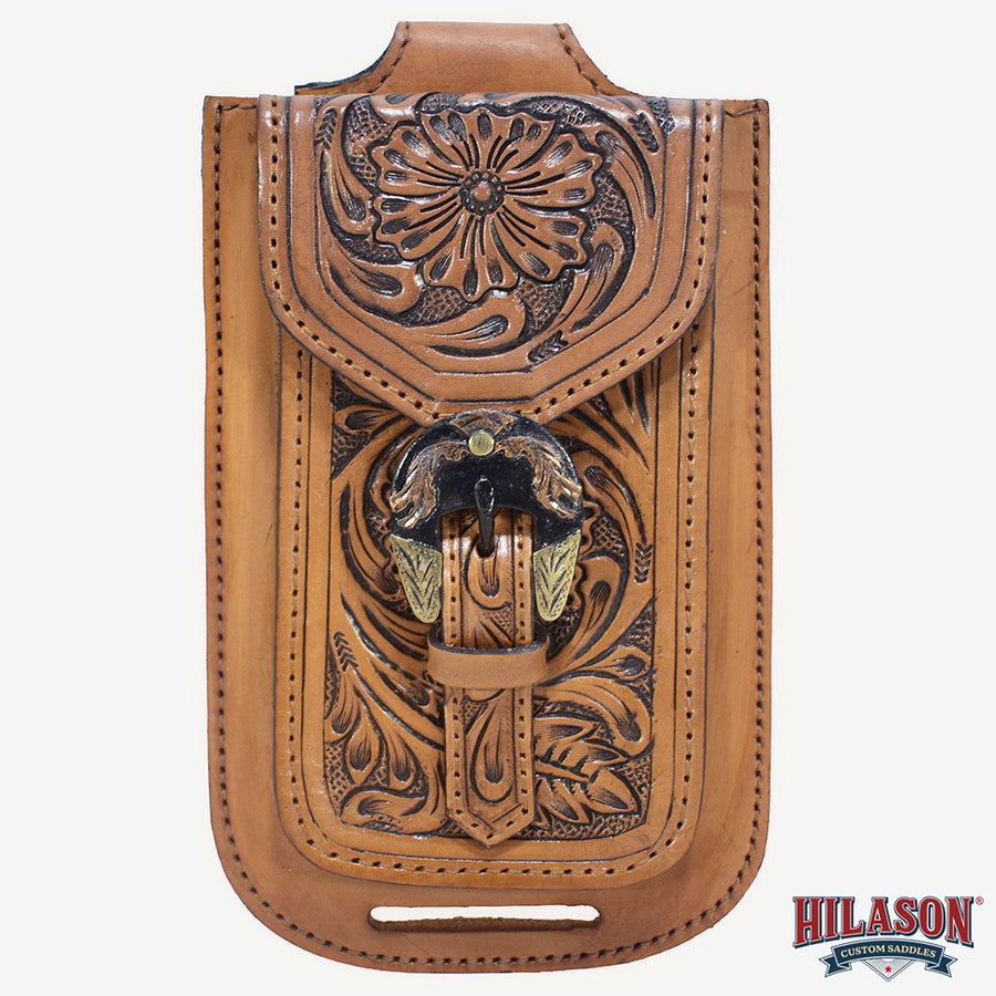 Hilason Western Horse Genuine Leather Cell Phone Case Brown With Gorgeous Floral Hand Carved