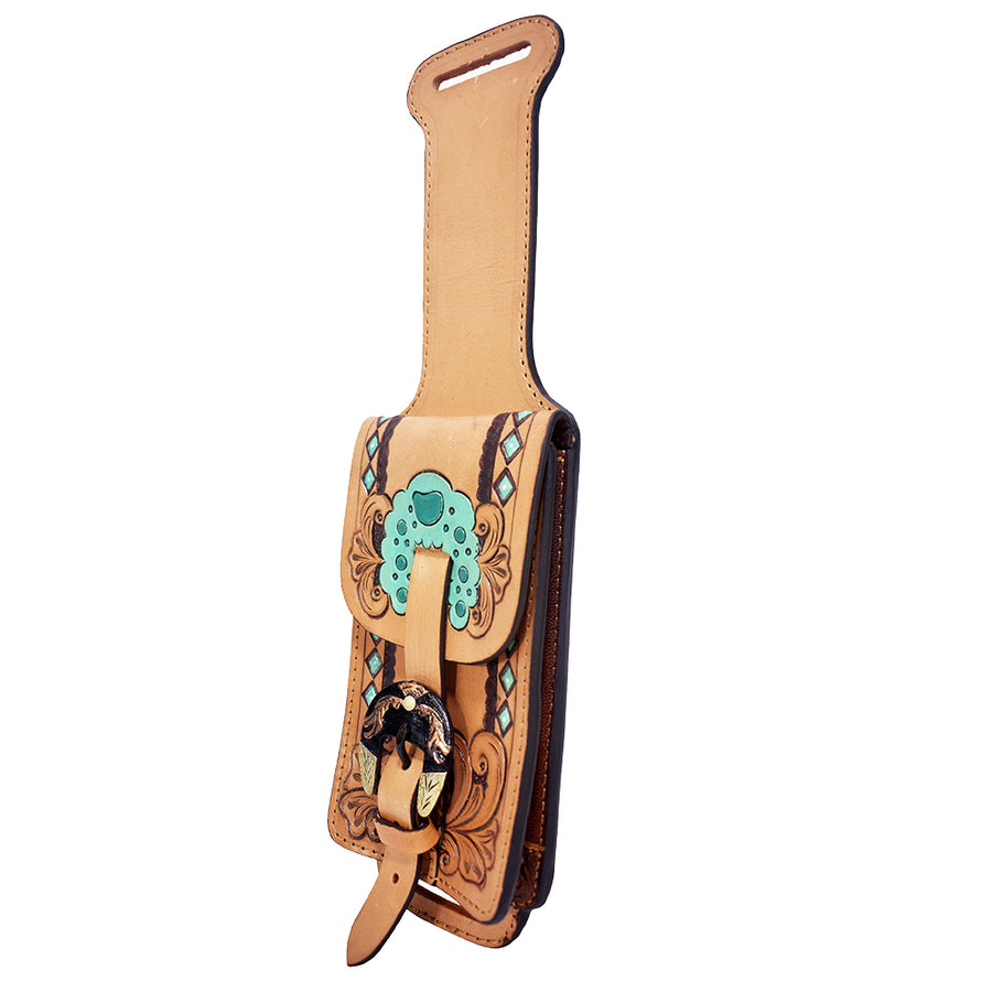 Tan leather bottle holder with turquoise tooling and conchos - Uhorse