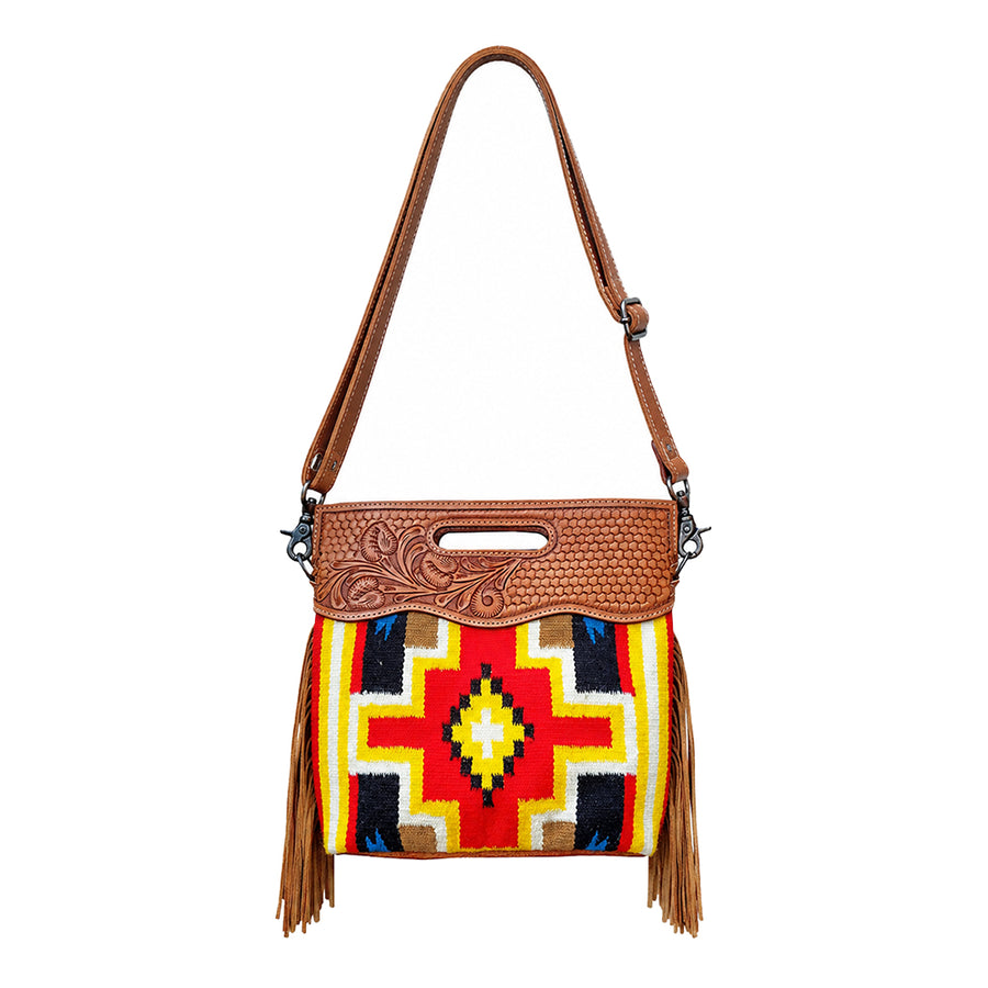 American Darling Hand Tooled Leather Saddle Blanket Fringe Crossbody Bag
