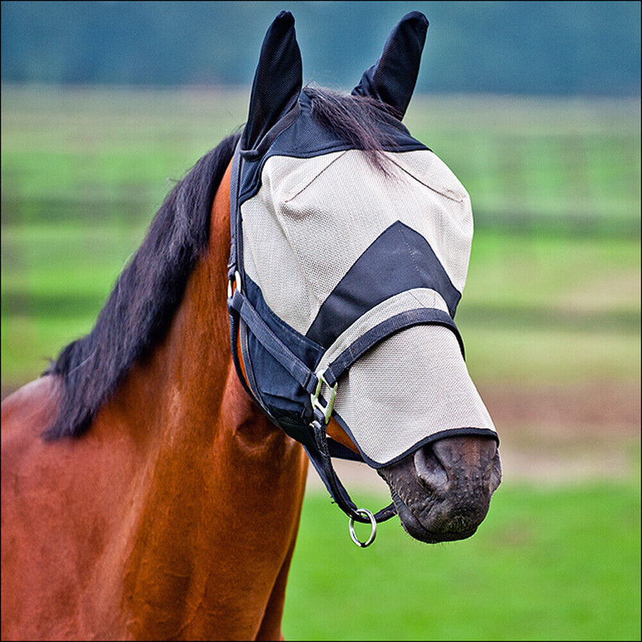 Horze Protec Fly Mask W/Nose Light Brown/Black Pony/P - Uhorse