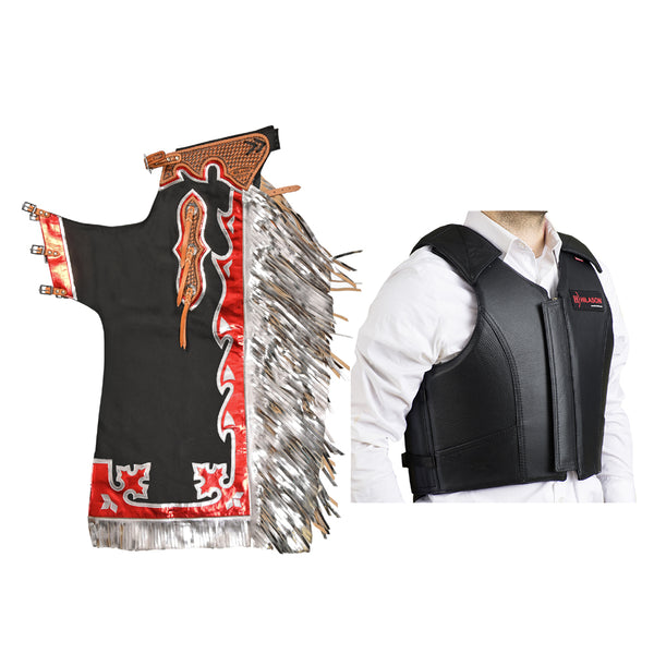 HILASON Western Horse Bull Riding Safety Leather Protective Vest and Rodeo Chaps Combo - Hilason