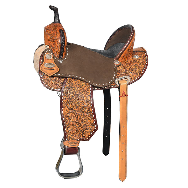 Hilason Western Horse Barrel Flex Tree Trail American Leather Saddle Brown / Tan Gorgeous Floral Hand Tooled and - Uhorse