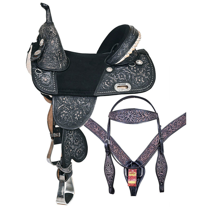 HILASON Western Horse Treeless Trail Barrel Saddle American Leather Black Rough Out with Tack Set - Uhorse