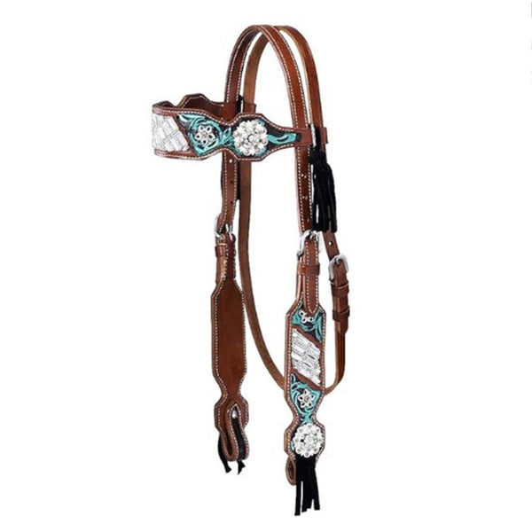 Hilason Western Floral Tooled Leather Headstall with Conchos & Fringe