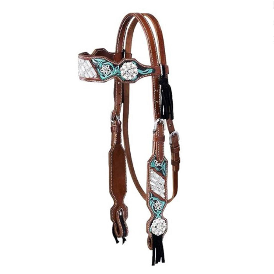 Hilason Western Floral Tooled Leather Headstall with Conchos & Fringe