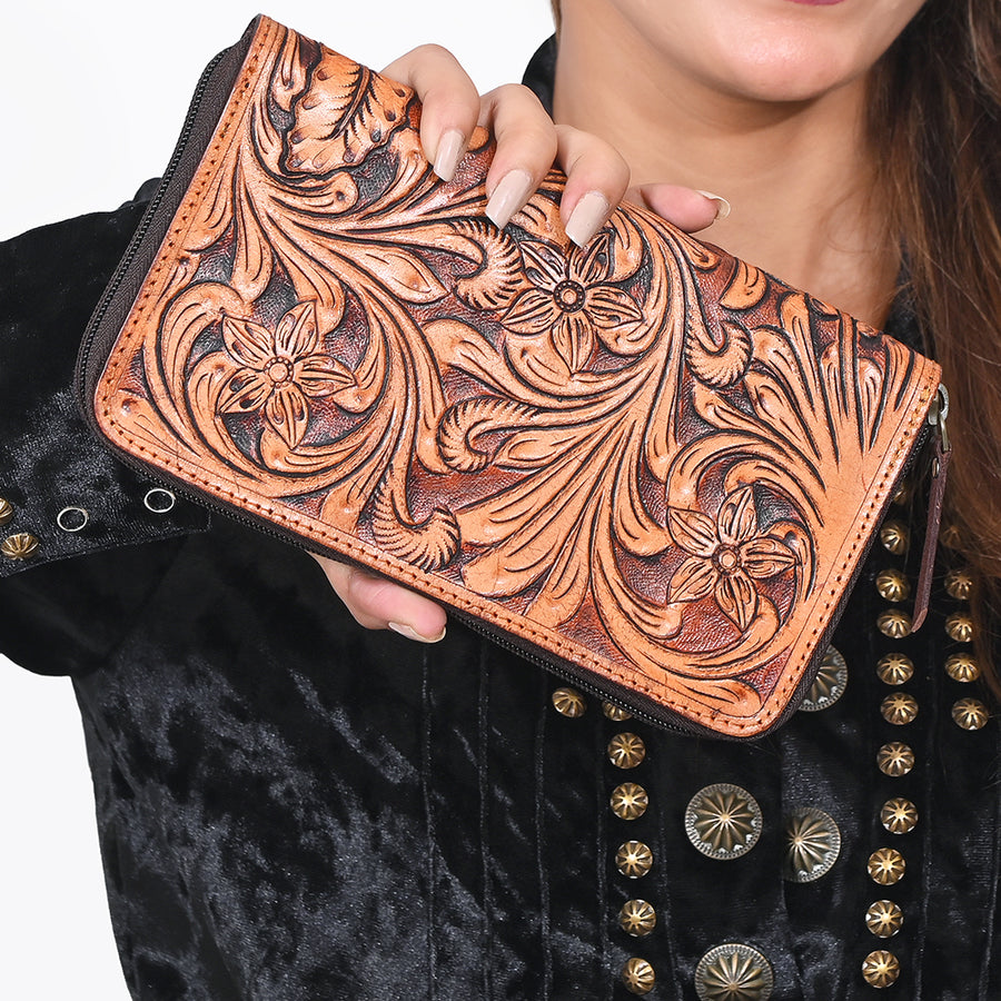 OHLAY Wallet Hand Tooled Genuine Leather Women Bag Western Handbag Purse | Womens Handbags |Leather Belt for Summer
