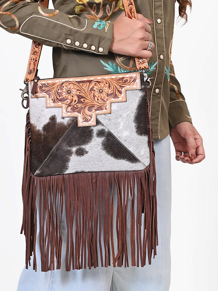 OHLAY Cross Body Hand Tooled Hair-On Genuine Leather Women Bag Western Handbag Purse | for